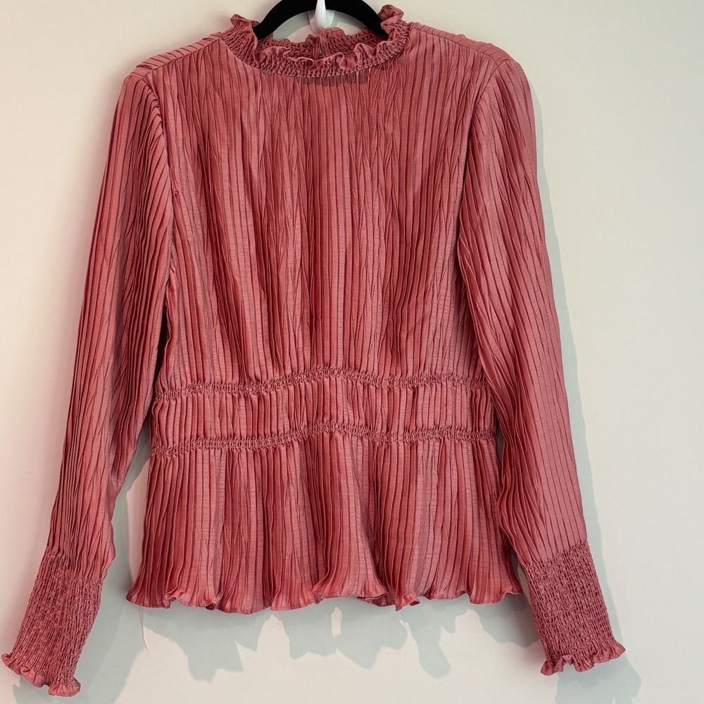 Est. 1946 Womens Rose Pink Pleated Peplum Blouse Mock Neck Smocked Long Sleeve M